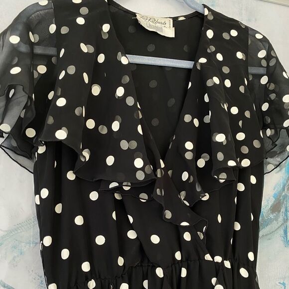 Vintage Pat Richards Black And White Polka Dot Flouncy Dress, Size S - Picture 5 of 9